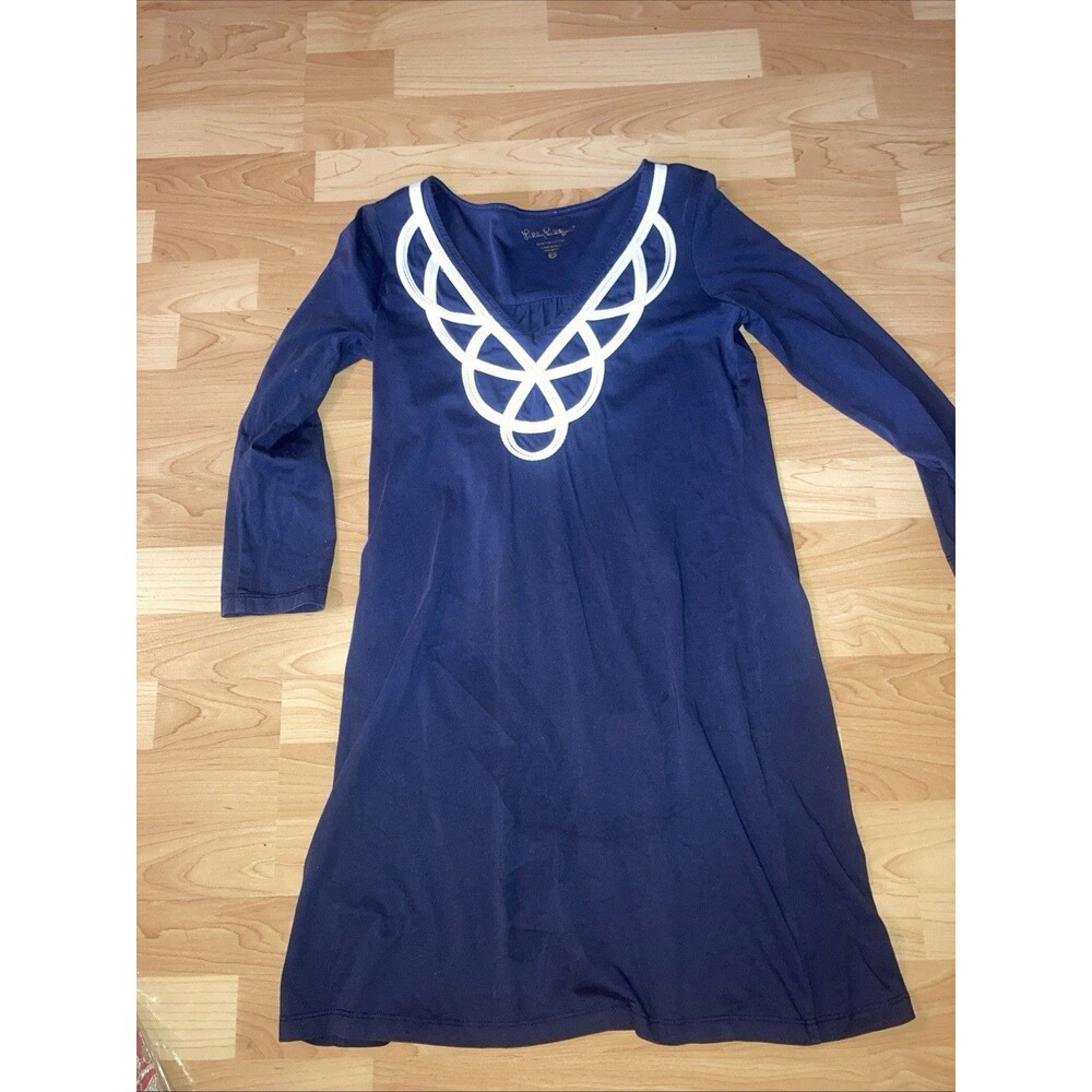 Lilly Pulitzer Blaire Dress Navy Pima Cotton V-Neck White Trim 3/4 Sleeve Small